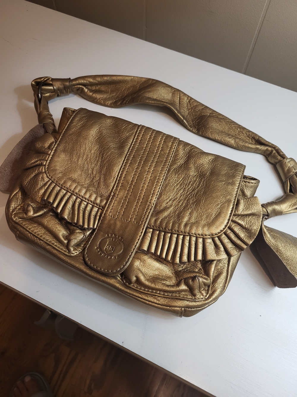 Armani Exchange Metallic Gold Ruffle Shoulder Bag, As Is